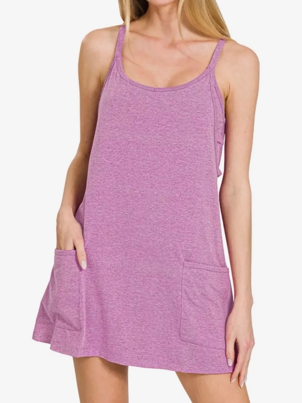 Women’s Purple Romper Tank Dress with Pockets and shorts
